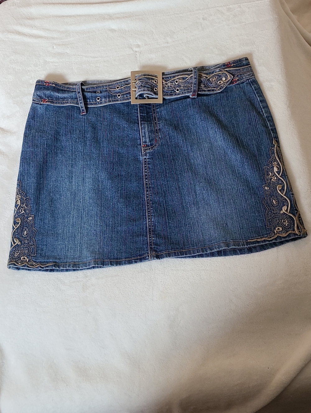 Route 66 Dark Blue Embroidered Denim Mini Skirt Decorative Belt Y2K Low Rise